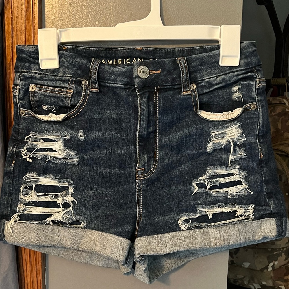 American Eagle Outfitters Women's Ripped Jean Shorts - Dark Blue